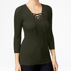 Hooked Up by IOT Juniors' Lace-Up Ribbed Sweater